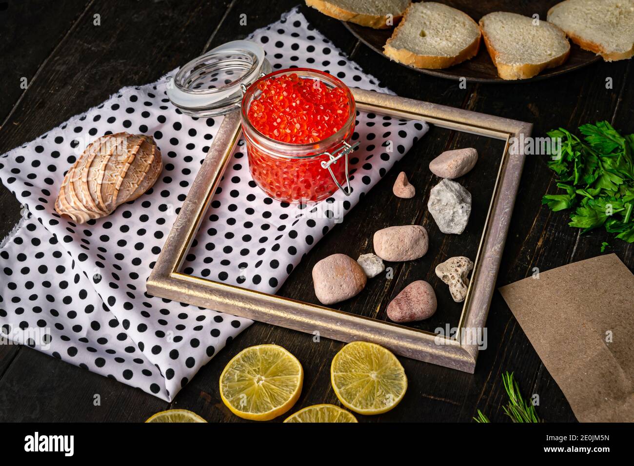 Chum salmon caviar in a glass bowl . Seafood, delicacies, healthy nutrition.  Stock Photo