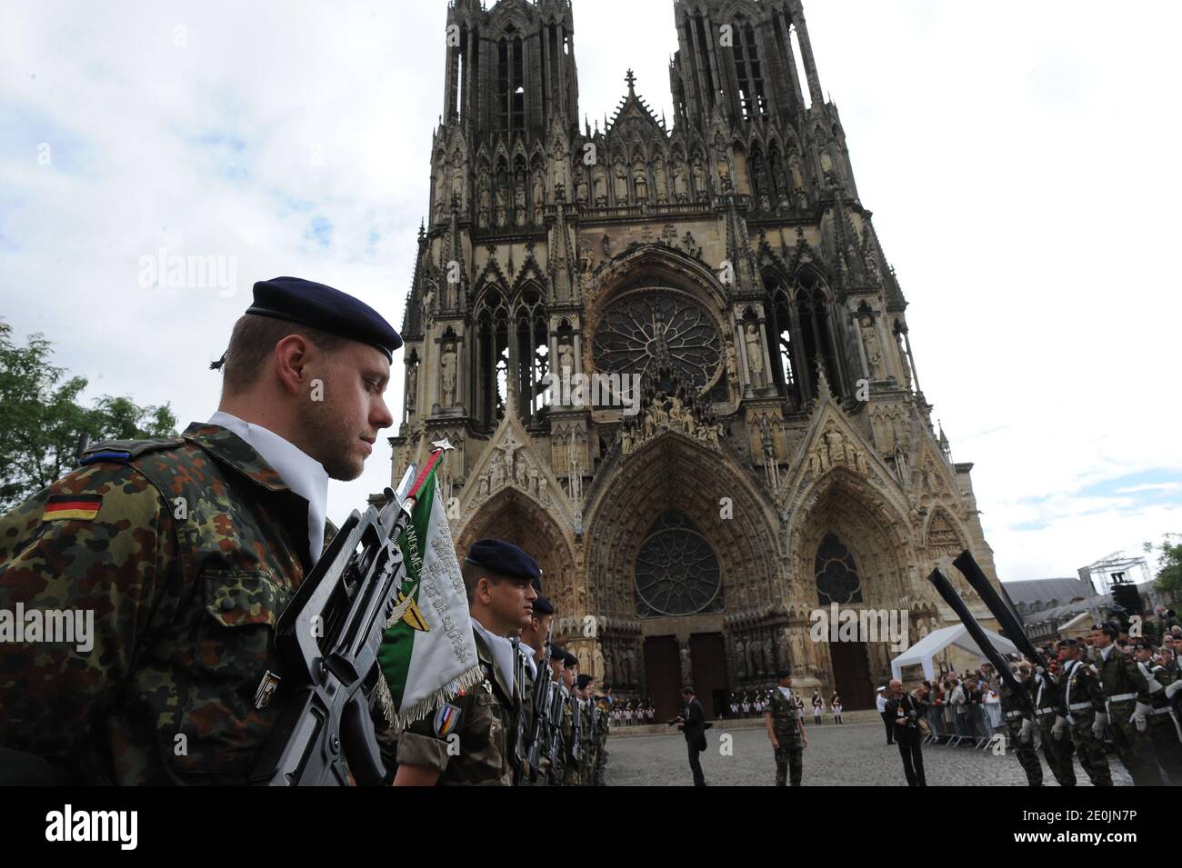 Soldiers pictured during the celebration of the 50th anniversary of renewed Franco-German relations after World War near the Cathedral Reims, eastern France, on July 8, 2012. The post-war reconciliation is symbolically achieved in 1962 on July 8 by then French president Charles de Gaulle and former chancellor Konrad Adenauer. Photo by Mousse/ABACAPRESS.COM Stock Photo