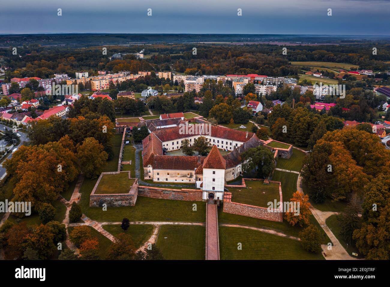 Sarvar, Hungary - Aerial view of the beautiful Castle of Sarvar (Nadasdy castle) on a calm autumn morning with blue sky at background Stock Photo