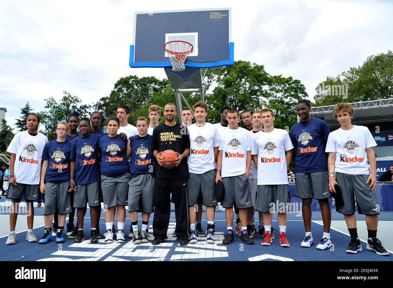 The youth team and Tony Parker member of the french national basketball  team, pose during the World Basketball Festival at cite Universitaire, in  Paris, France on july 16, 2012. Photo by Aurore