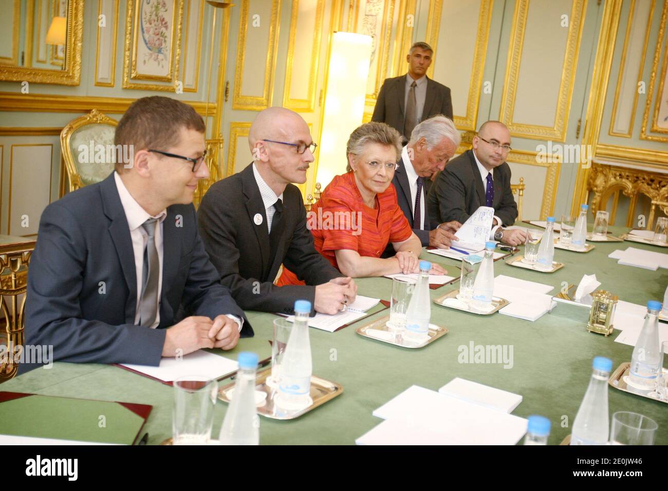 Deputy Director General of Sidaction, Eric Fleutelot, 2008 Nobel laureate of Medicine, French researcher Francoise Barre-Sinoussi, National Agency for AIDS Research (ANRS) director, Professor Jean-Francois Delfraissy, and chairman of the association Coalition Plus, Vincent Pelletier are pictured during a meeting with French President Francois Hollande at the Elysee Palace, in Paris, France on July 16, 2012. Francois Hollande meets French representatives of the struggle against Aids virus. Photo by Hamilton/Pool/ABACAPRESS.COM Stock Photo