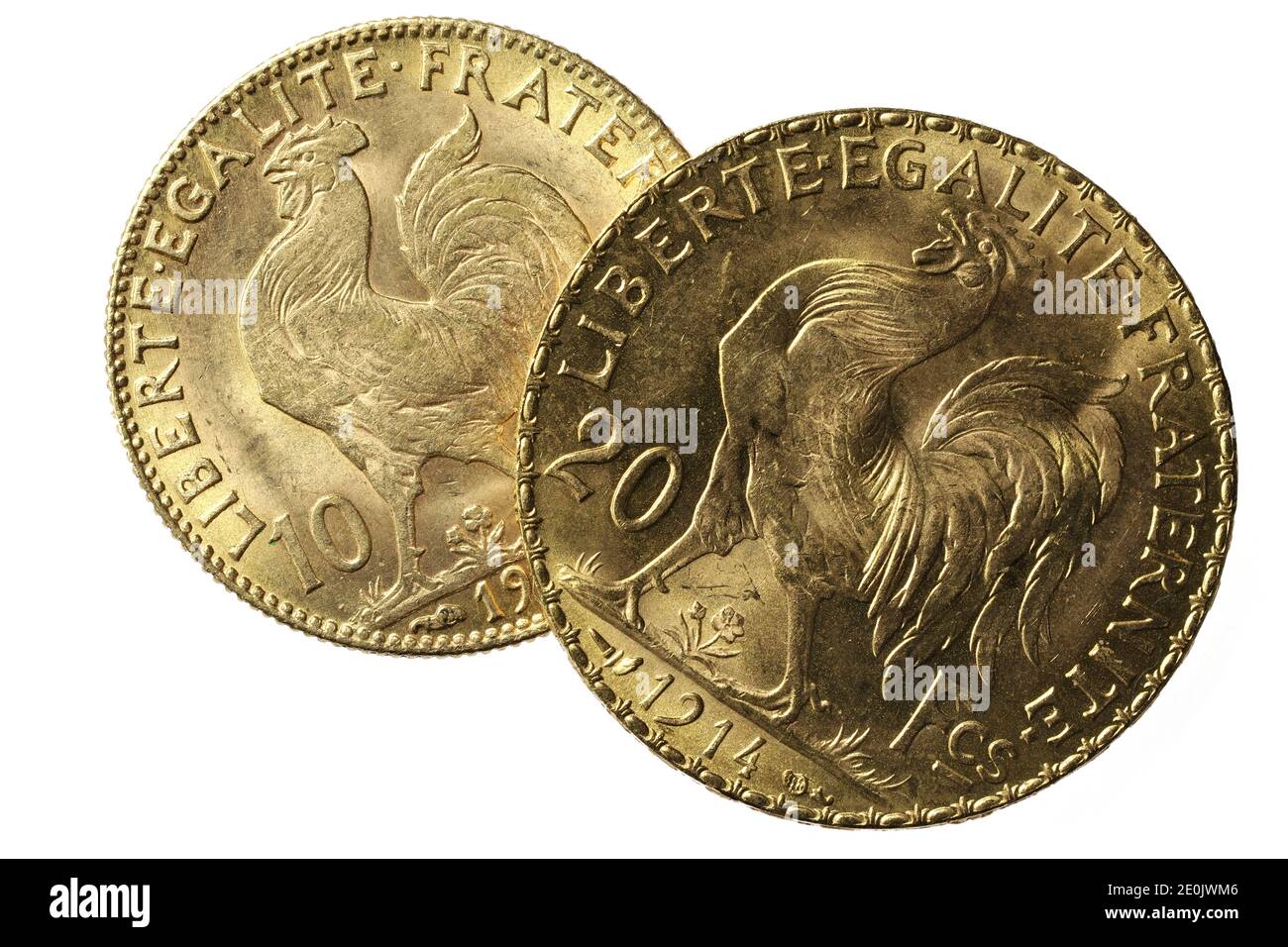 French 10 and 20 Francs gold coins (reverse with rooster) isolated on white background Stock Photo