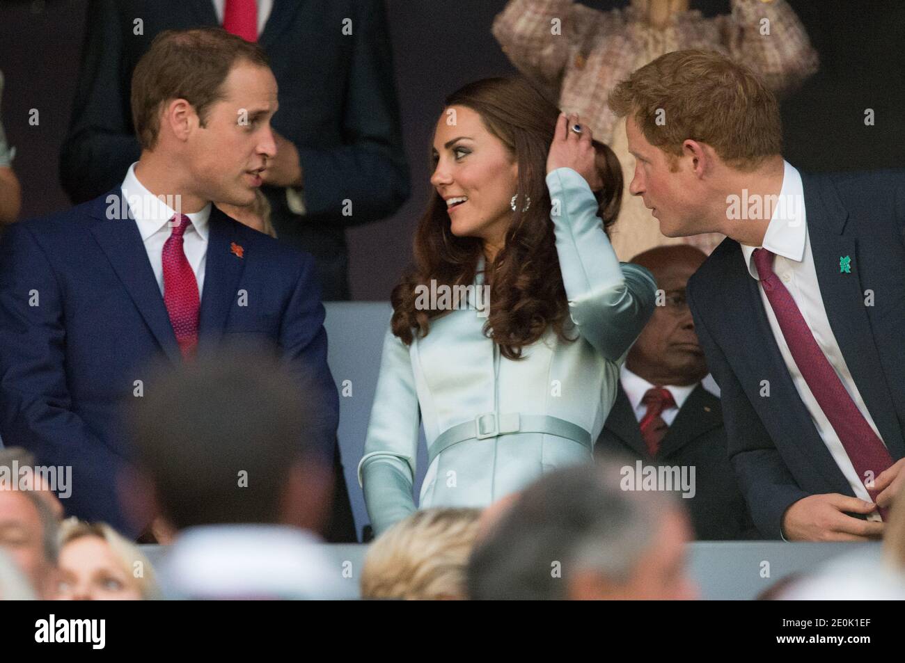 Britain's Prince William and Catherine, the Duke and Duchess of Cambridge  seen on the stands during the Opening Ceremony of the London 2012 Olympic  Games, London, UK on July 27, 2012. Photo, image size:1300x953