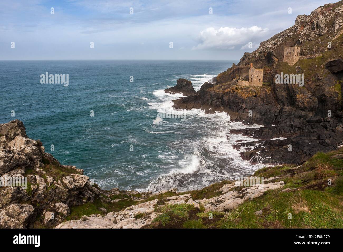 The famed ruins of the Crowns engine houses on the wild Tin Coast: Botallack Mine, St Just, Cornwall, UK. Cornish Mining World Heritage Site. Stock Photo