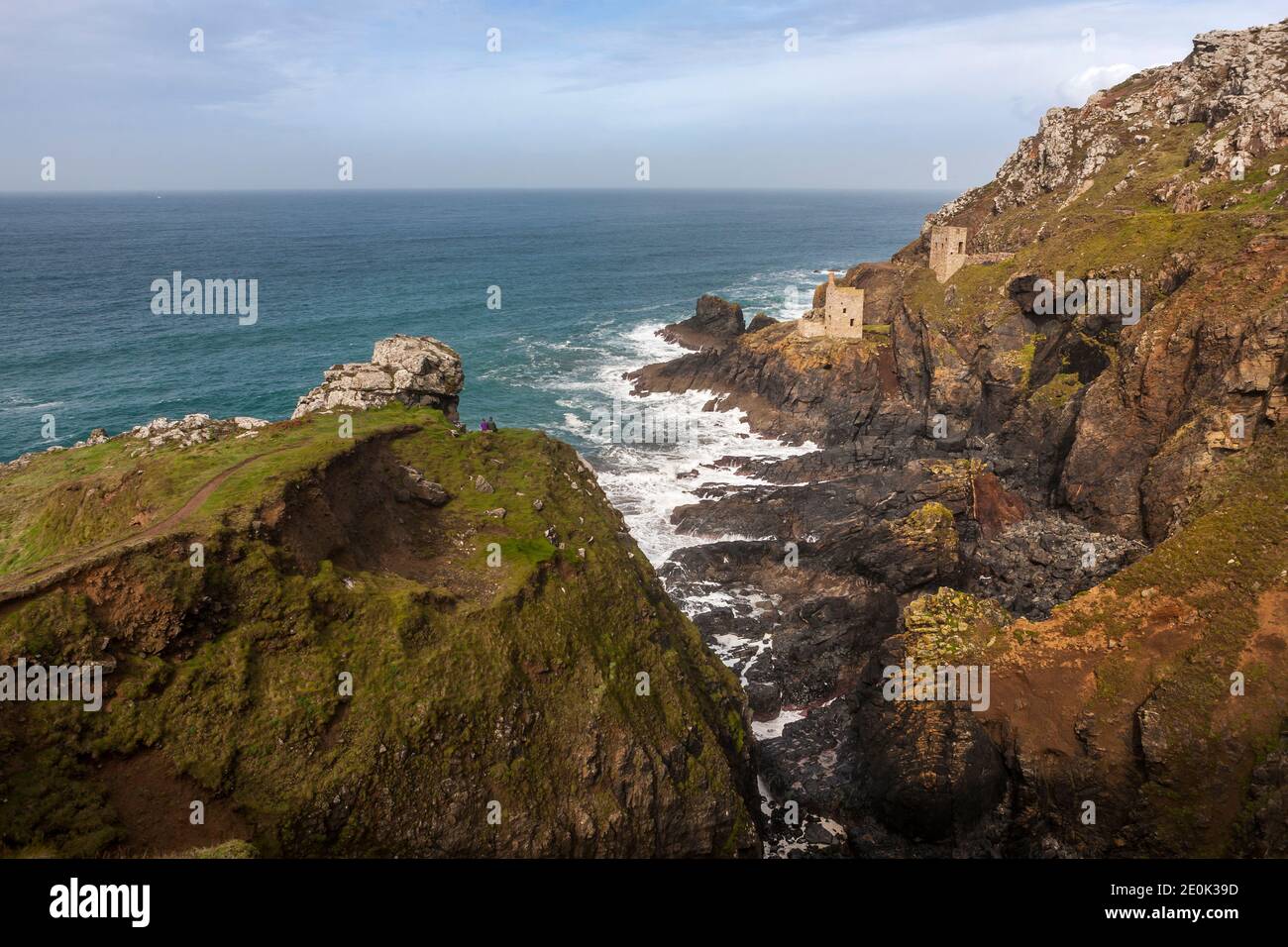 The famed ruins of the Crowns engine houses on the wild Tin Coast: Botallack Mine, St Just, Cornwall, UK. Cornish Mining World Heritage Site. Stock Photo