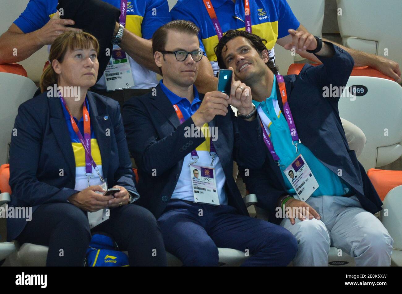 Prince Daniel the Duke of Vastergotland with Prince Carl Philip of Sweden attend the Swimming Final session at the aquatic center during the 2012 London Olympics in London, UK on August 1, 2012. Photo by Gouhier-Guibbaud-JMP/ABACAPRESS.COM Stock Photo