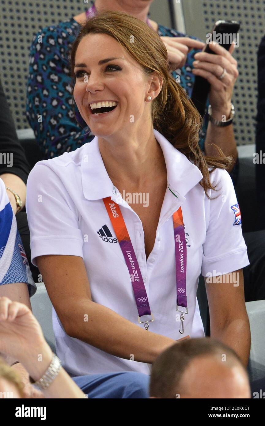 Duchess Catherine of Cambridge attends the Cycling during day six of the Olympic Games at the Velodrome in London, UK on August 2, 2012. Photo by Gouhier-Guibbaud-JMP/ABACAPRESS.COM Stock Photo