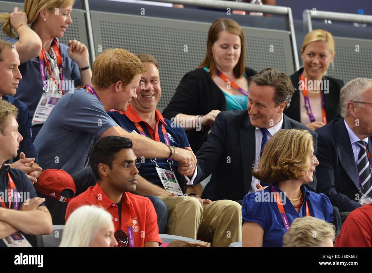 Prince Harry and David Cameron attend the Cycling during day six of the Olympic Games at the Velodrome in London, UK on August 2, 2012. Photo by Gouhier-Guibbaud-JMP/ABACAPRESS.COM Stock Photo