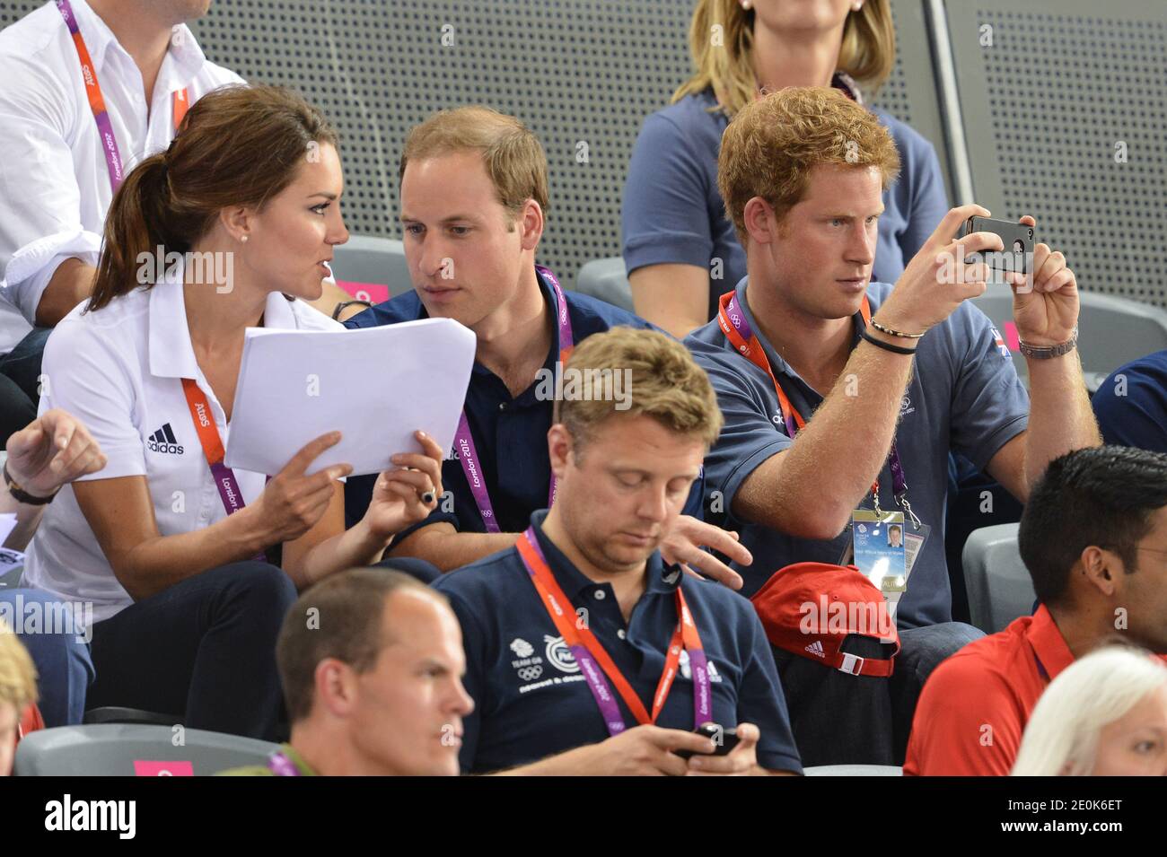 The Duke William, Duchess Catherine of Cambridge and Prince Harry attend the Cycling during day six of the Olympic Games at the Velodrome in London, UK on August 2, 2012. Photo by Gouhier-Guibbaud-JMP/ABACAPRESS.COM Stock Photo