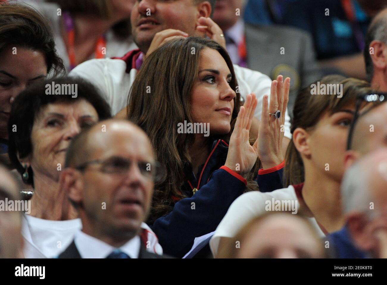 Kate Middleton, the Duchess of Cambridge, attends the Men's Pommel Horse  Apparatus Finals at the North Greenwich Arena during the London 2012 Summer  Olympics in Greenwich, London, UK on August 5, 2012., image size:1300x956