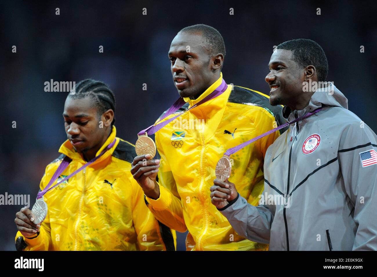 Gold medalist Usain Bolt of Jamaica, center, silver medalist Yohan