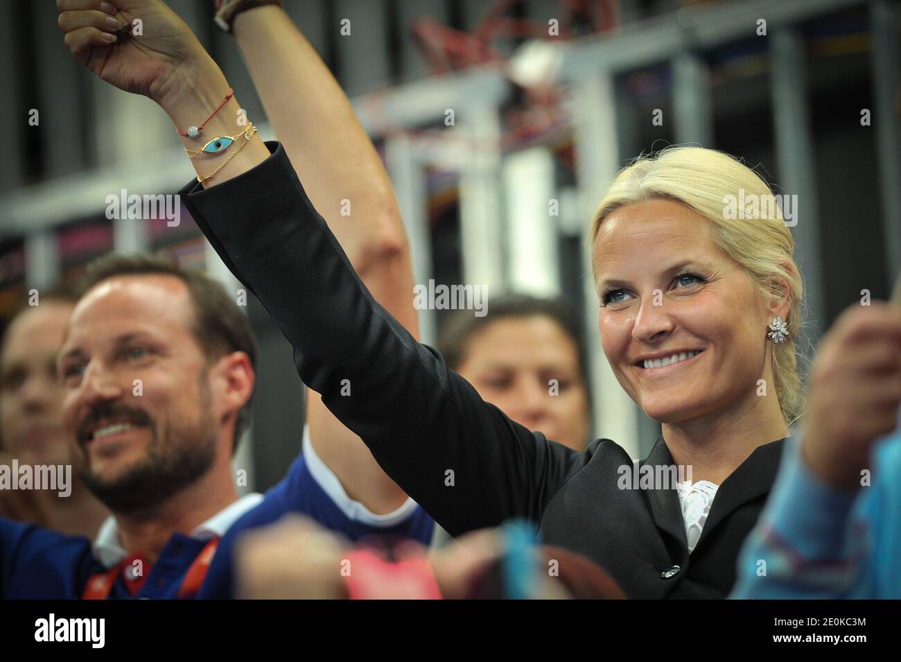 Crown Prince Haakon, Crown Princess Mete Marit of Norway with son Prince  Sverre Magnus and daughter Princess Ingrid Alexandra attend the women's  handball Final match for gold medal, Norway vs Montenegro at