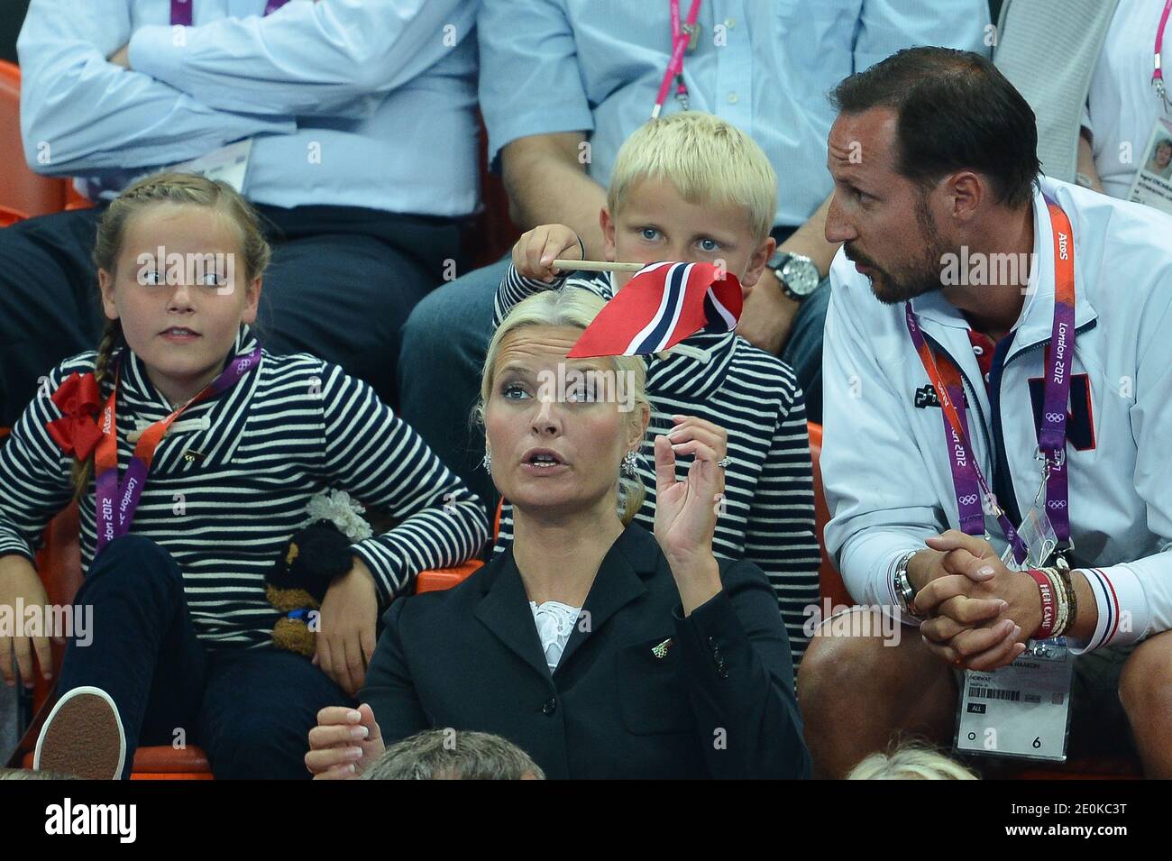 Crown Prince Haakon, Crown Princess Mete Marit of Norway with son Prince  Sverre Magnus and daughter Princess Ingrid Alexandra attend the women's  handball Final match for gold medal, Norway vs Montenegro at