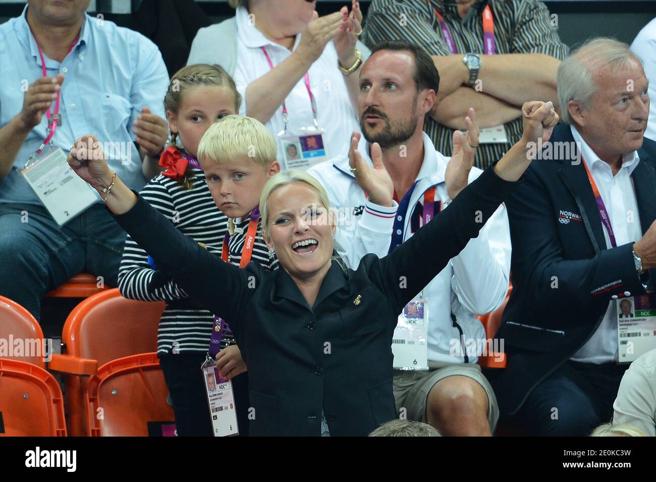 Crown Prince Haakon, Crown Princess Mete Marit of Norway with son Prince  Sverre Magnus and daughter Princess Ingrid Alexandra attend the women's  handball Final match for gold medal, Norway vs Montenegro at