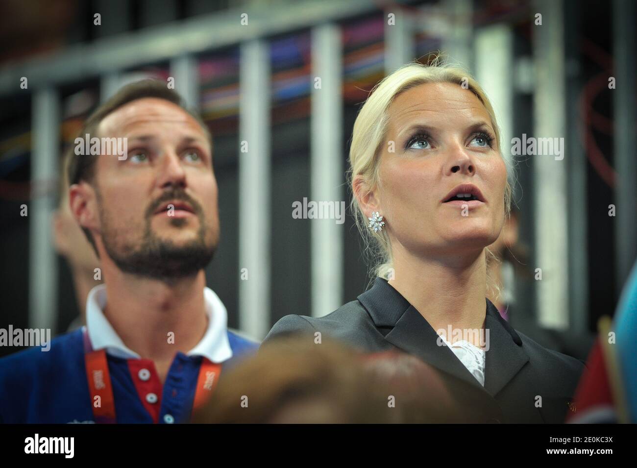 Crown Prince Haakon, Crown Princess Mete Marit of Norway with son Prince  Sverre Magnus and daughter Princess Ingrid Alexandra attend the women's  handball Final match for gold medal, Norway vs Montenegro at