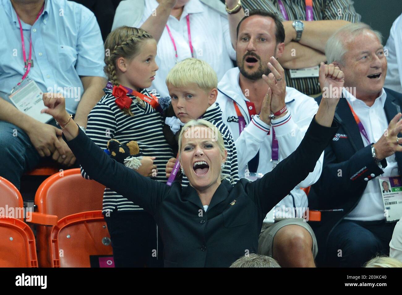 Crown Prince Haakon, Crown Princess Mete Marit of Norway with son Prince  Sverre Magnus and daughter Princess Ingrid Alexandra attend the women's  handball Final match for gold medal, Norway vs Montenegro at