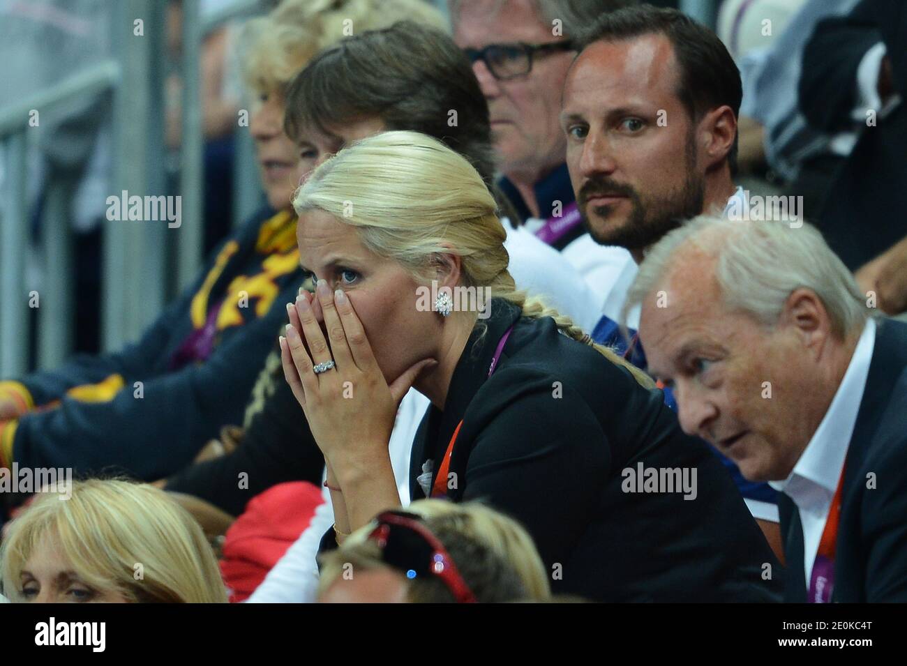 Crown Prince Haakon, Crown Princess Mete Marit of Norway with son Prince  Sverre Magnus and daughter Princess Ingrid Alexandra attend the women's  handball Final match for gold medal, Norway vs Montenegro at