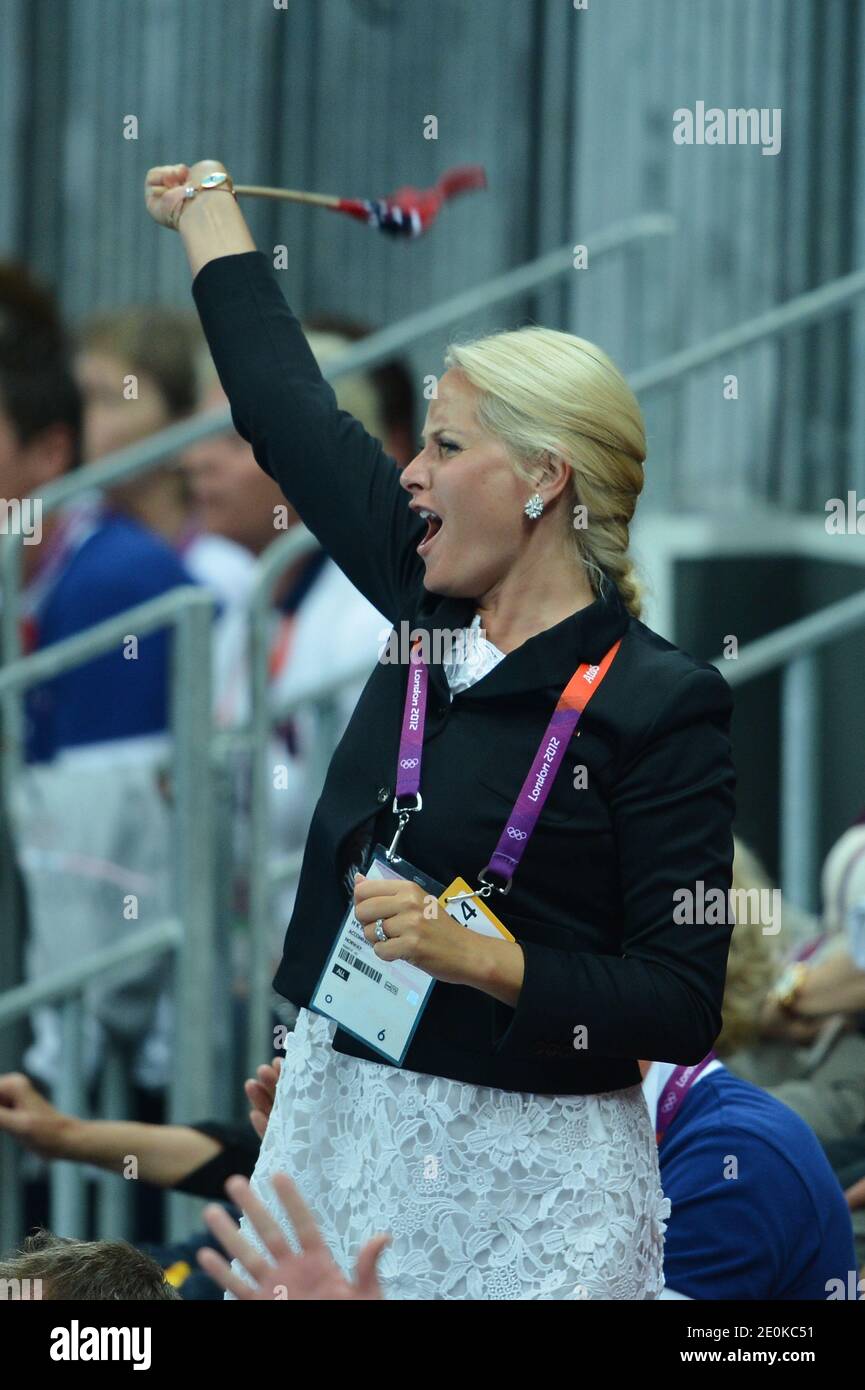 Crown Prince Haakon, Crown Princess Mete Marit of Norway with son Prince  Sverre Magnus and daughter Princess Ingrid Alexandra attend the women's  handball Final match for gold medal, Norway vs Montenegro at