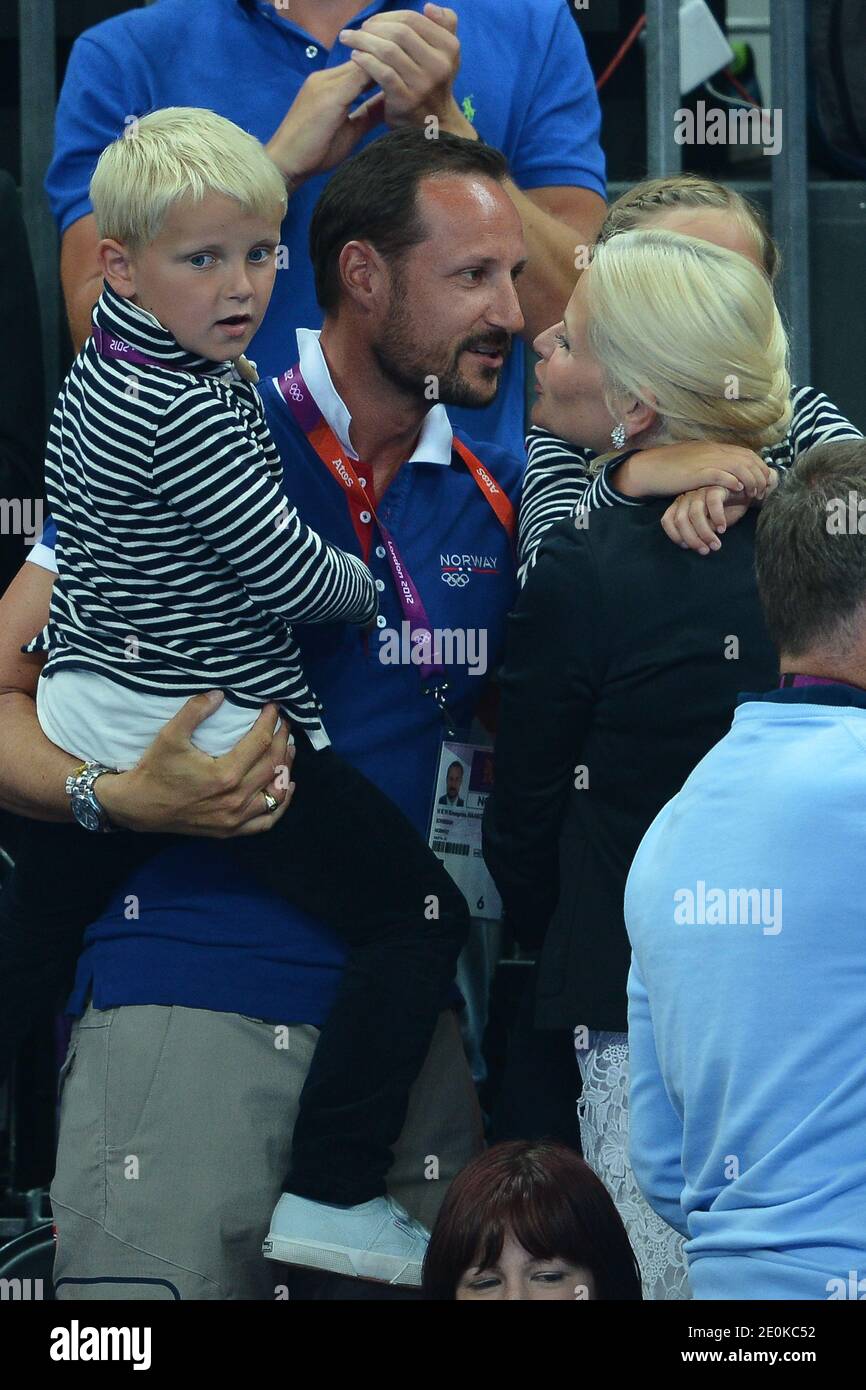 Crown Prince Haakon, Crown Princess Mete Marit of Norway with son Prince  Sverre Magnus and daughter Princess Ingrid Alexandra attend the women's  handball Final match for gold medal, Norway vs Montenegro at