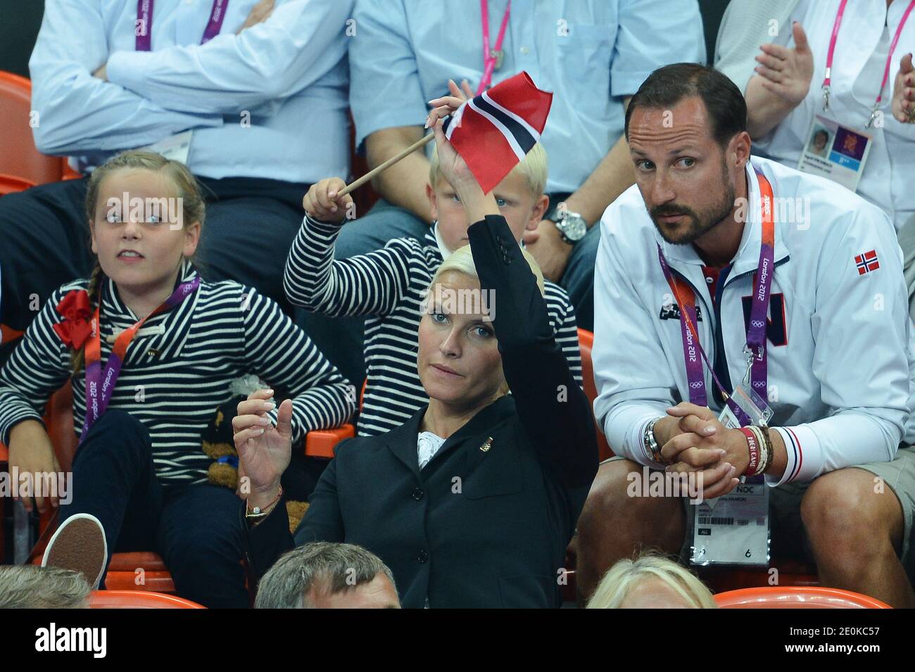 Crown Prince Haakon, Crown Princess Mete Marit of Norway with son Prince  Sverre Magnus and daughter Princess Ingrid Alexandra attend the women's  handball Final match for gold medal, Norway vs Montenegro at