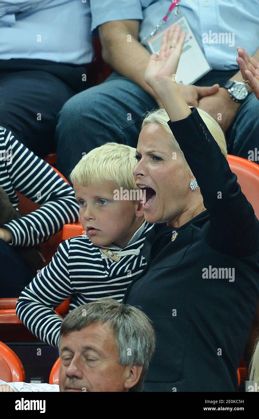 Crown Prince Haakon, Crown Princess Mete Marit of Norway with son Prince  Sverre Magnus and daughter Princess Ingrid Alexandra attend the women's  handball Final match for gold medal, Norway vs Montenegro at