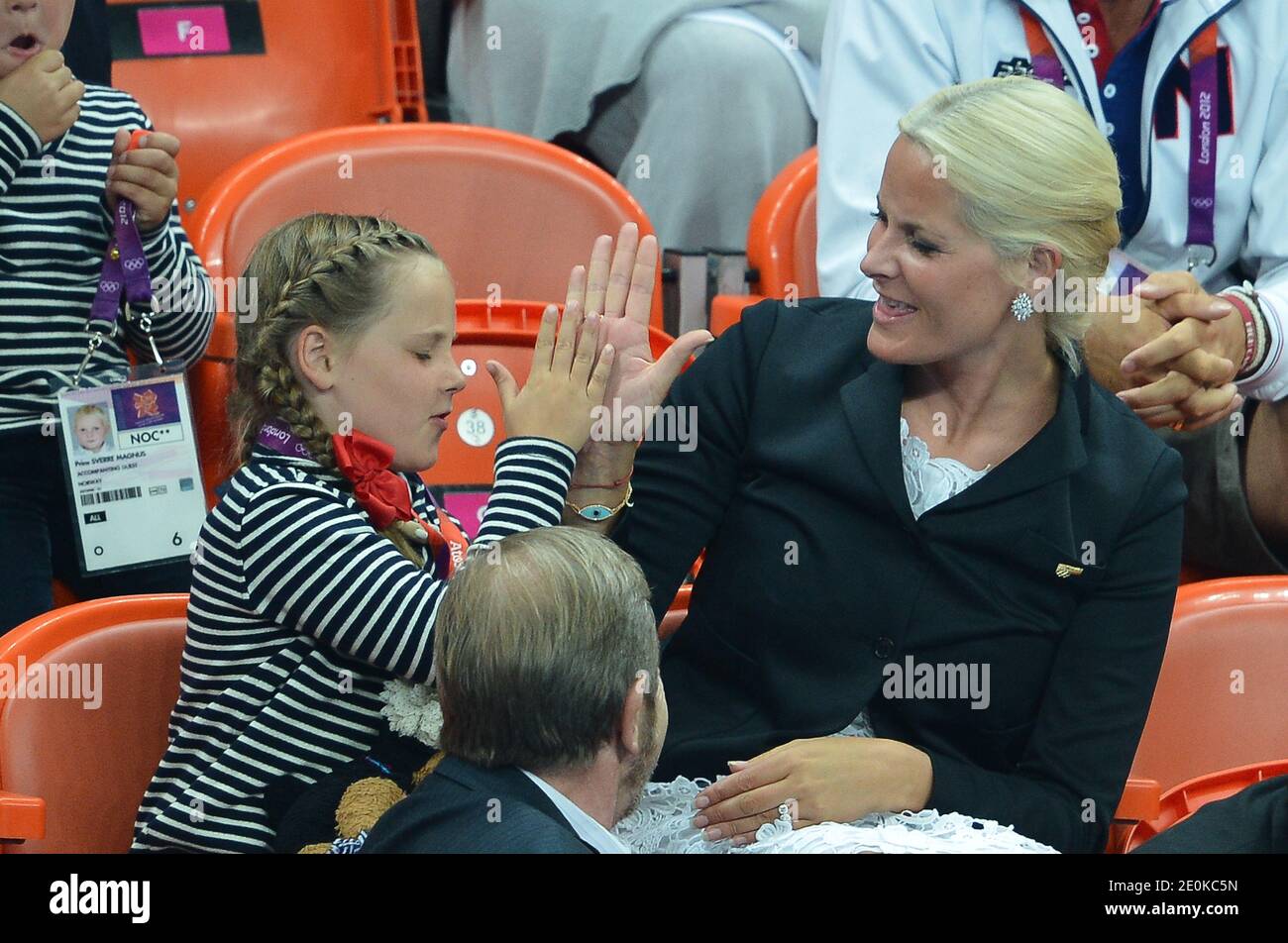 Crown Prince Haakon, Crown Princess Mete Marit of Norway with son Prince  Sverre Magnus and daughter Princess Ingrid Alexandra attend the women's  handball Final match for gold medal, Norway vs Montenegro at