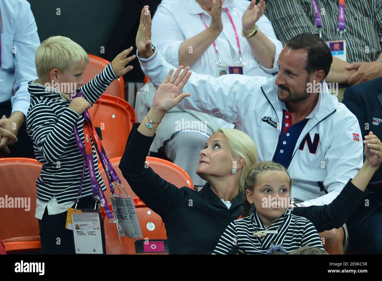 Crown Prince Haakon, Crown Princess Mete Marit of Norway with son Prince  Sverre Magnus and daughter Princess Ingrid Alexandra attend the women's  handball Final match for gold medal, Norway vs Montenegro at