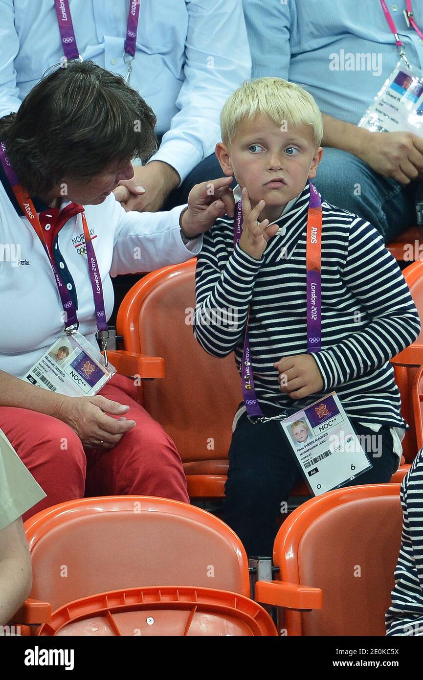 Crown Prince Haakon, Crown Princess Mete Marit of Norway with son Prince  Sverre Magnus and daughter Princess Ingrid Alexandra attend the women's  handball Final match for gold medal, Norway vs Montenegro at