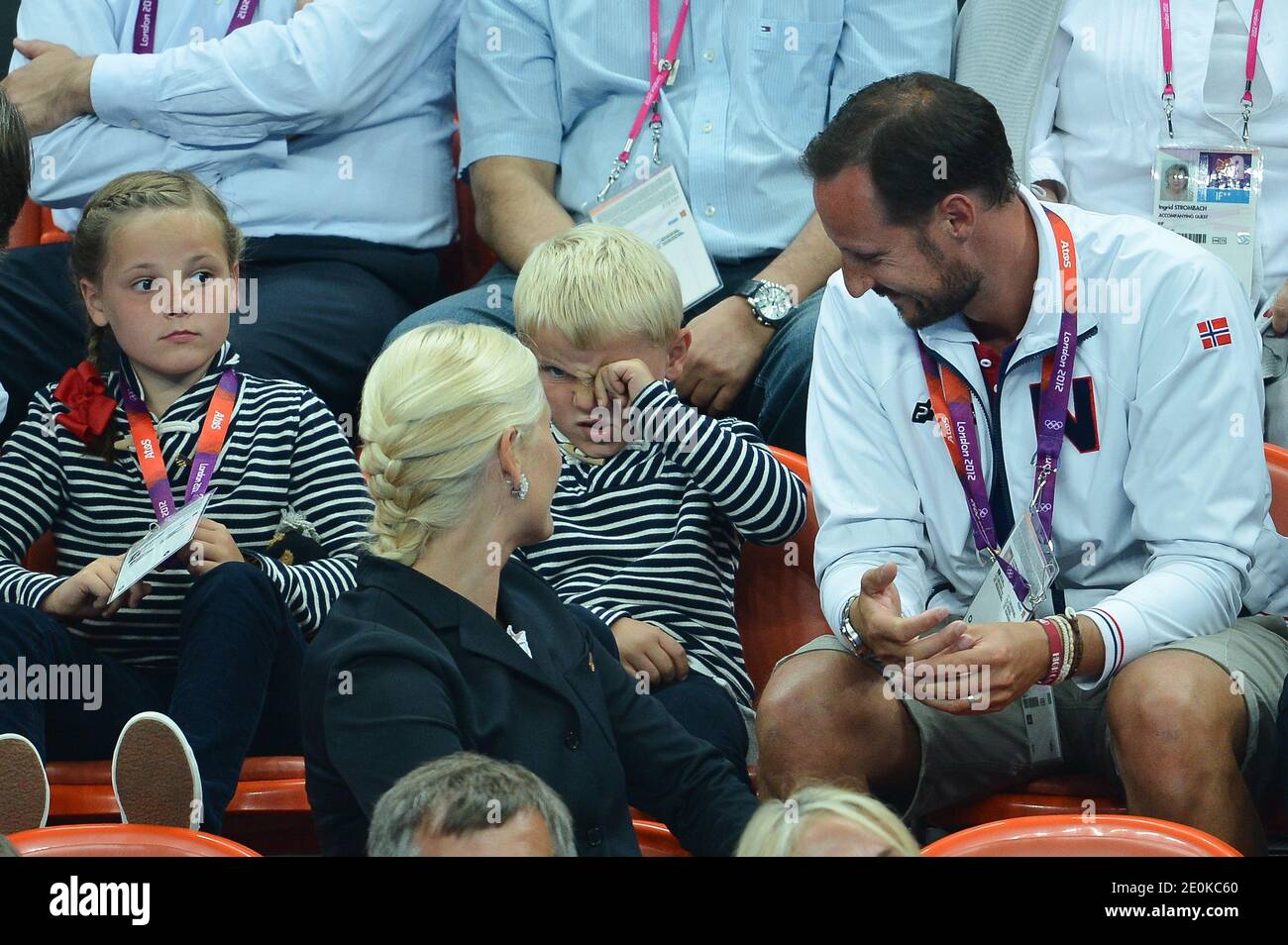 Crown Prince Haakon, Crown Princess Mete Marit of Norway with son Prince  Sverre Magnus and daughter Princess Ingrid Alexandra attend the women's  handball Final match for gold medal, Norway vs Montenegro at