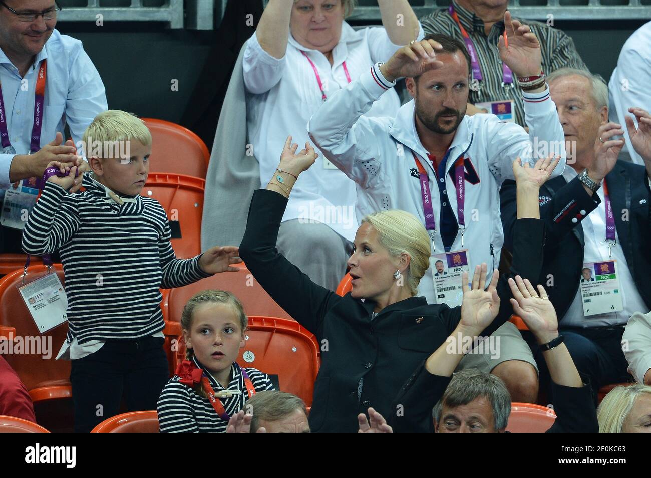 Crown Prince Haakon, Crown Princess Mete Marit of Norway with son Prince  Sverre Magnus and daughter Princess Ingrid Alexandra attend the women's  handball Final match for gold medal, Norway vs Montenegro at