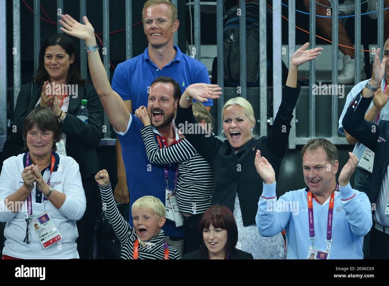 Crown Prince Haakon, Crown Princess Mete Marit of Norway with son Prince  Sverre Magnus and daughter Princess Ingrid Alexandra attend the women's  handball Final match for gold medal, Norway vs Montenegro at