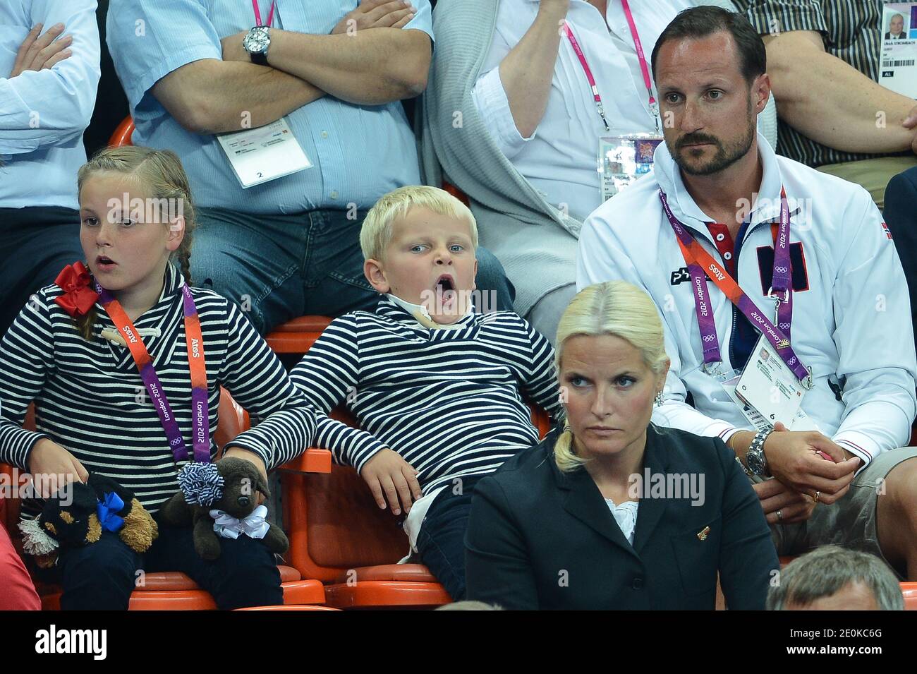 Crown Prince Haakon, Crown Princess Mete Marit of Norway with son Prince  Sverre Magnus and daughter Princess Ingrid Alexandra attend the women's  handball Final match for gold medal, Norway vs Montenegro at