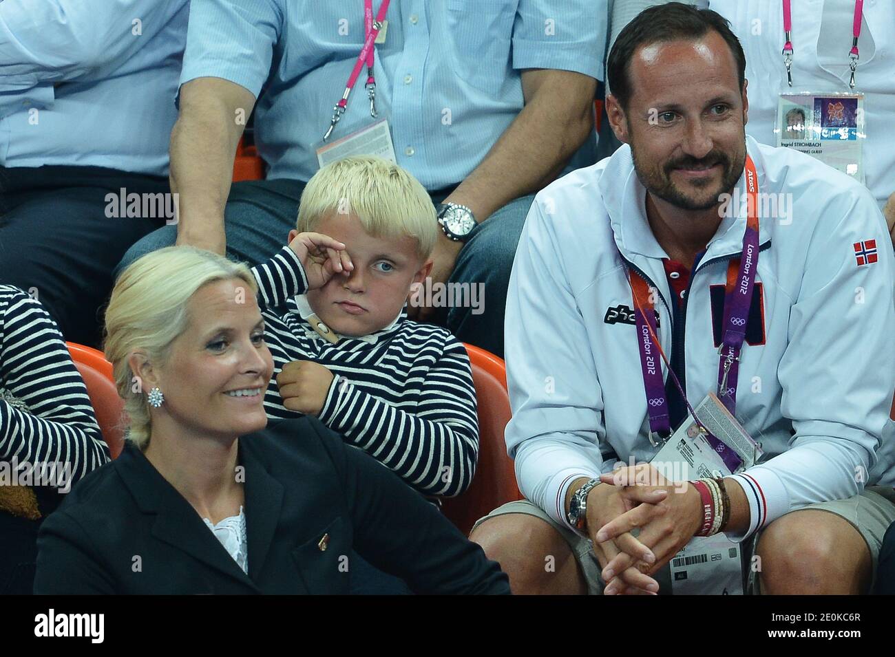 Crown Prince Haakon, Crown Princess Mete Marit of Norway with son Prince  Sverre Magnus and daughter Princess Ingrid Alexandra attend the women's  handball Final match for gold medal, Norway vs Montenegro at