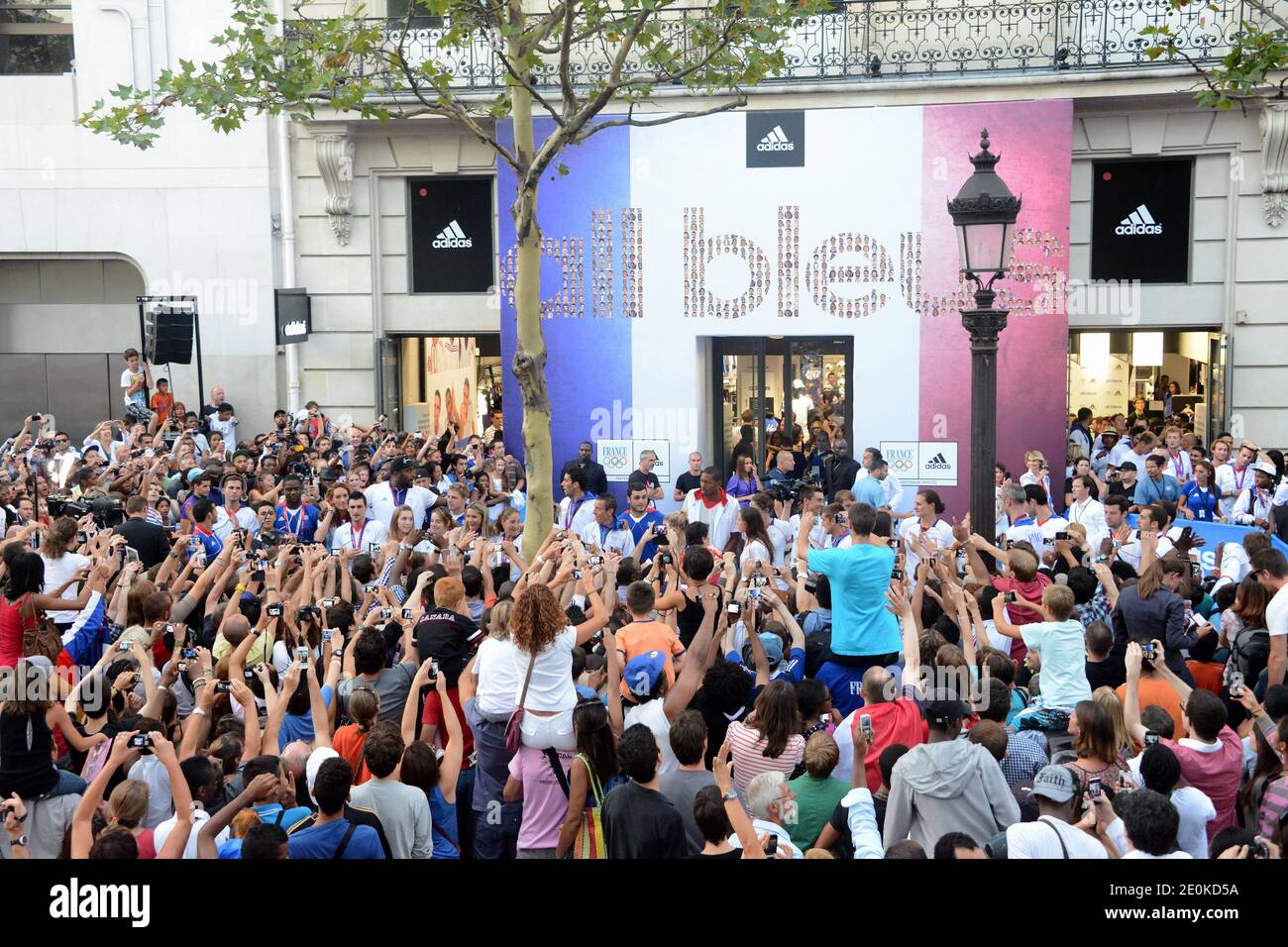 Atmosphere at a meeting of the French Olympic medalists with their fans  outside the Adidas flagship