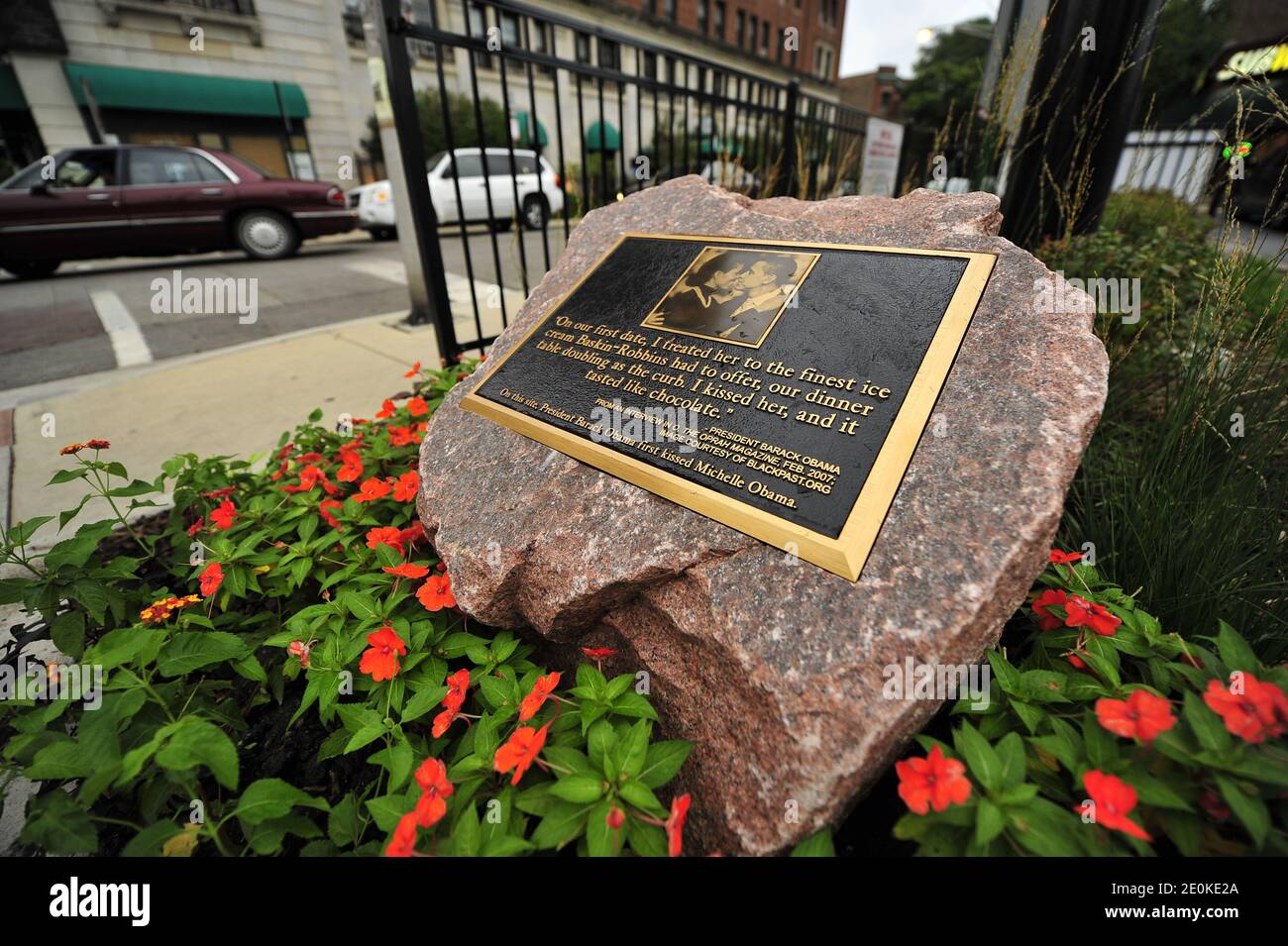 A 1,350-kg granite historical marker with a plaque reading, 'On this site  President Barack Obama first kissed Michelle Obama' is seen outside a  shopping center in the Hyde Park neighborhood of Chicago