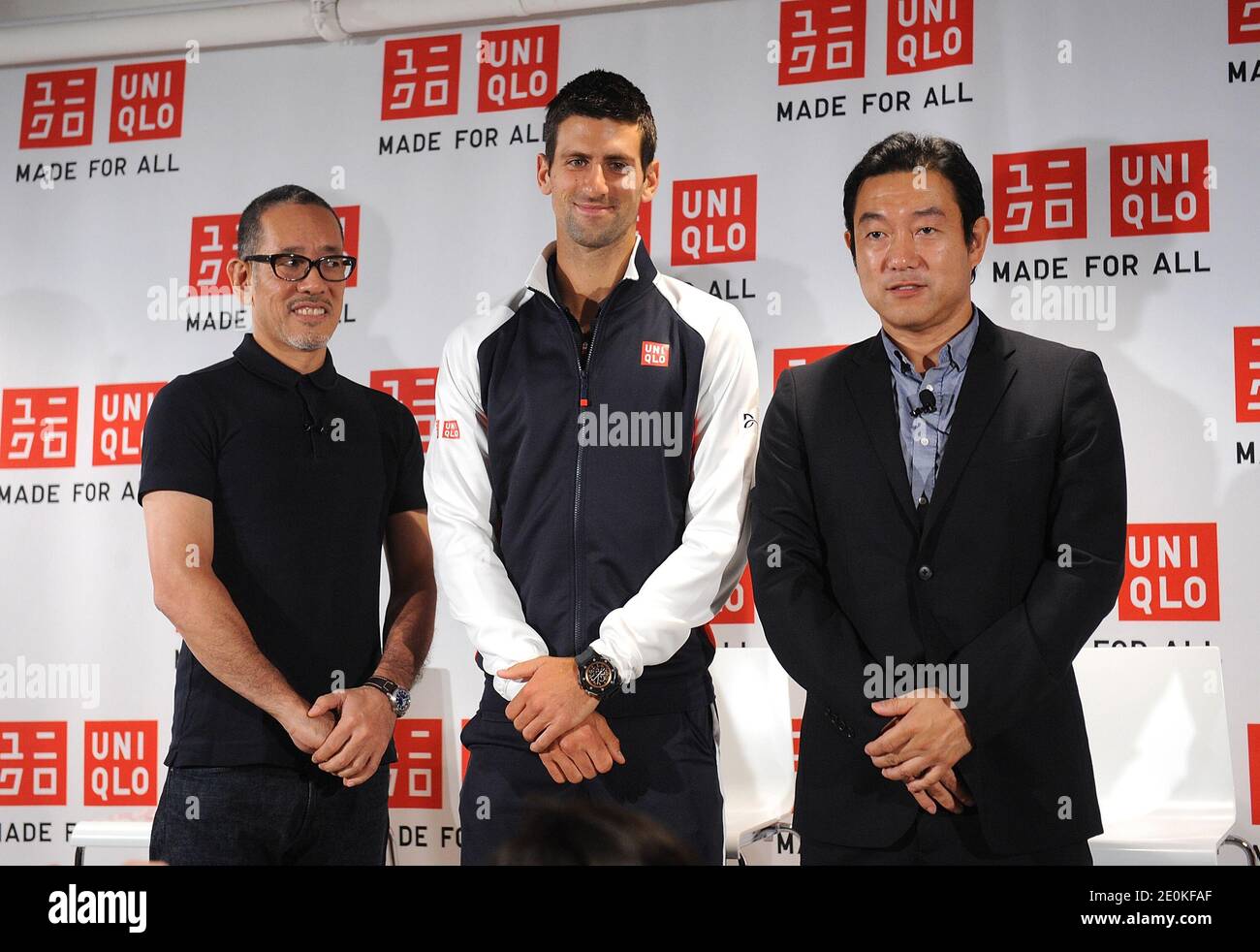 L-R) UNIQLO creative director Naoki Takizawa, Serbian tennis player Novak  Djokovic and UNIQLO U.S. CEO Shin Odake attend the UNIQLO Djokovic Press  Conference at UNIQLO in New York City, NY, USA on