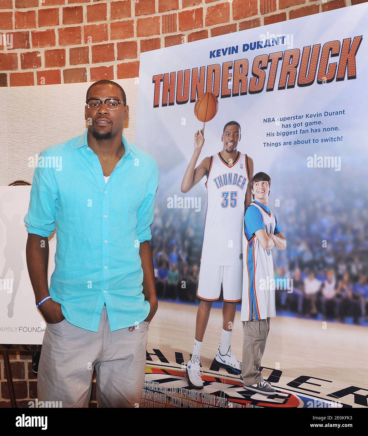 Basketball player Kevin Durant of the Oklahoma City Thunder attends a photo  opportunity for the movie, Thunderstruck in Georgetown in Washington, DC,  USA on August 22, 2012. The film is about Brian