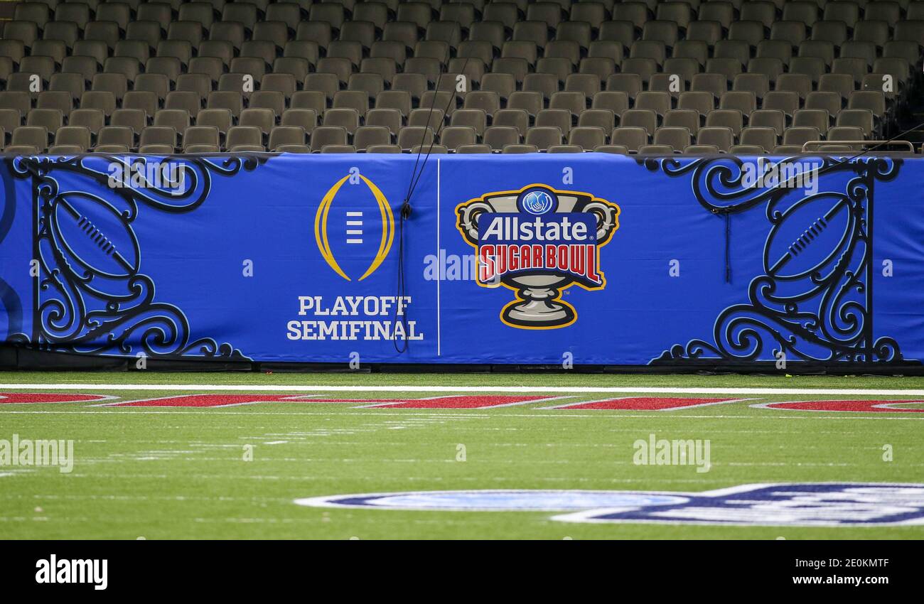 New Orleans, LA, USA. 1st Jan, 2021. Allstate Sugar Bowl signs surround the Superdome before the Allstate Sugar Bowl Classic Playoff Semifinal game between the Clemson Tigers and the Ohio State Buckeyes at the Mercedes Benz Superdome in New Orleans, LA. Jonathan Mailhes/CSM/Alamy Live News Stock Photo