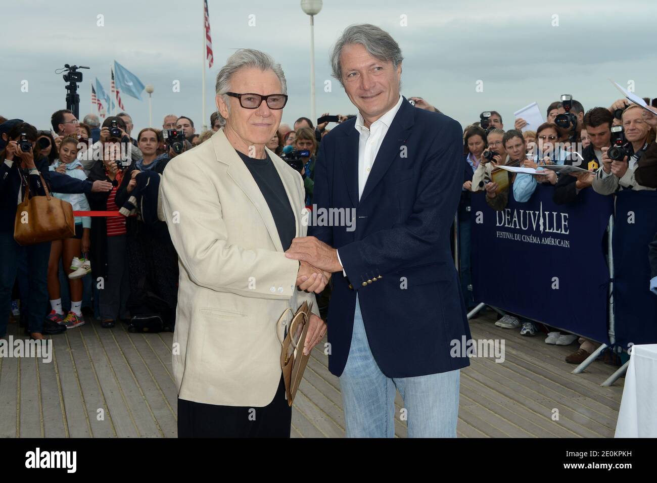 Harvey Keitel, seen here with Deauville's mayor Philippe Augier, takes part in a tribute for his career in film as part of the 38th Deauville American Film Festival in Deauville, France on September 1, 2012. Photo by Nicolas Briquet/ABACAPRESS.COM Stock Photo