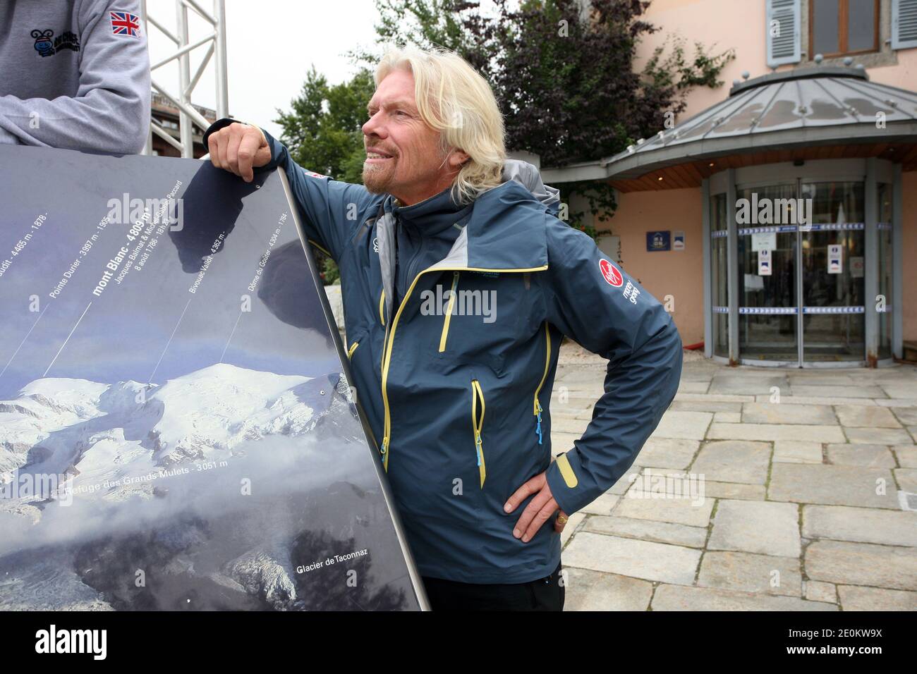Virgin Group founder and CEO Sir Richard Branson poses in Chamonix, French Alps on September 3, 2012. Sir Richard joined the team of The Big Change Charitable Trust, his children Sam and Holly Branson, Sam's fiancee Isabella Calthorpe, Princess Beatrice of York, Sam Richardson and Phil Nevin in their attempt to climb Western Europe's highest mountain, Mont Blanc. Founded by Branson's children Holly and Sam along with their friends, the Trust works in partnership with charitable projects throughout the UK, assisting them in their mission to inspire and encourage young people to be the best they Stock Photo