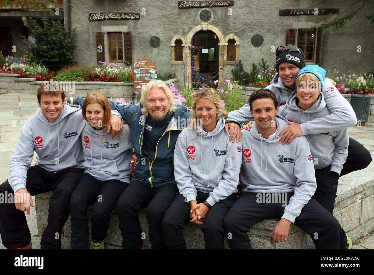 Virgin Group founder and CEO Sir Richard Branson (3rd L) poses alongside the team of The Big Change Charitable Trust, (L-R), Sam Richardson, Princess Beatrice of York, Holly Branson, Phil Nevin, Sam Branson and his fiancee Isabella Calthorpe, in Chamonix, French Alps on September 3, 2012. Sir Richard joined the team in their attempt to climb Western Europe's highest mountain, Mont Blanc. Founded by Branson's children Holly and Sam along with their friends, the Trust works in partnership with charitable projects throughout the UK, assisting them in their mission to inspire and encourage young p Stock Photo