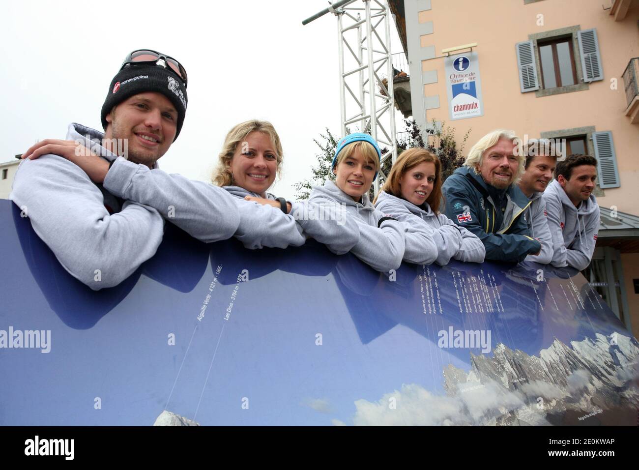 Virgin Group founder and CEO Sir Richard Branson (3rd R) poses alongside the team of The Big Change Charitable Trust, (L-R) Sam Branson, Holly Branson, Sam's fiancee Isabella Calthorpe, Princess Beatrice of York, Sam Richardson and Phil Nevin, in Chamonix, French Alps on September 3, 2012. Sir Richard joined the team in their attempt to climb Western Europe's highest mountain, Mont Blanc. Founded by Branson's children Holly and Sam along with their friends, the Trust works in partnership with charitable projects throughout the UK, assisting them in their mission to inspire and encourage young Stock Photo