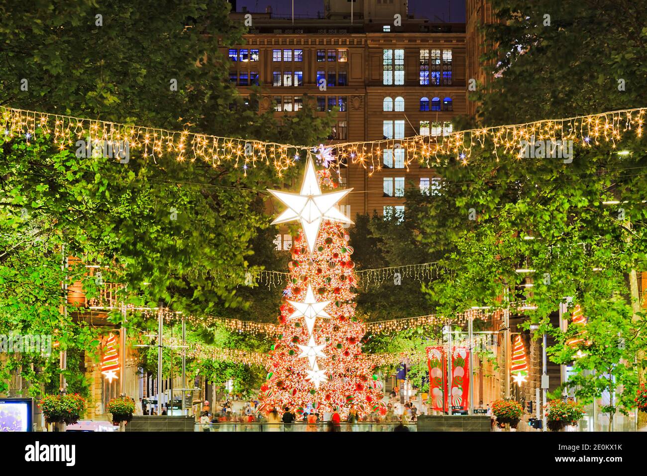 Martin place square in City of Sydney – Xmas tree at sunset. Stock Photo