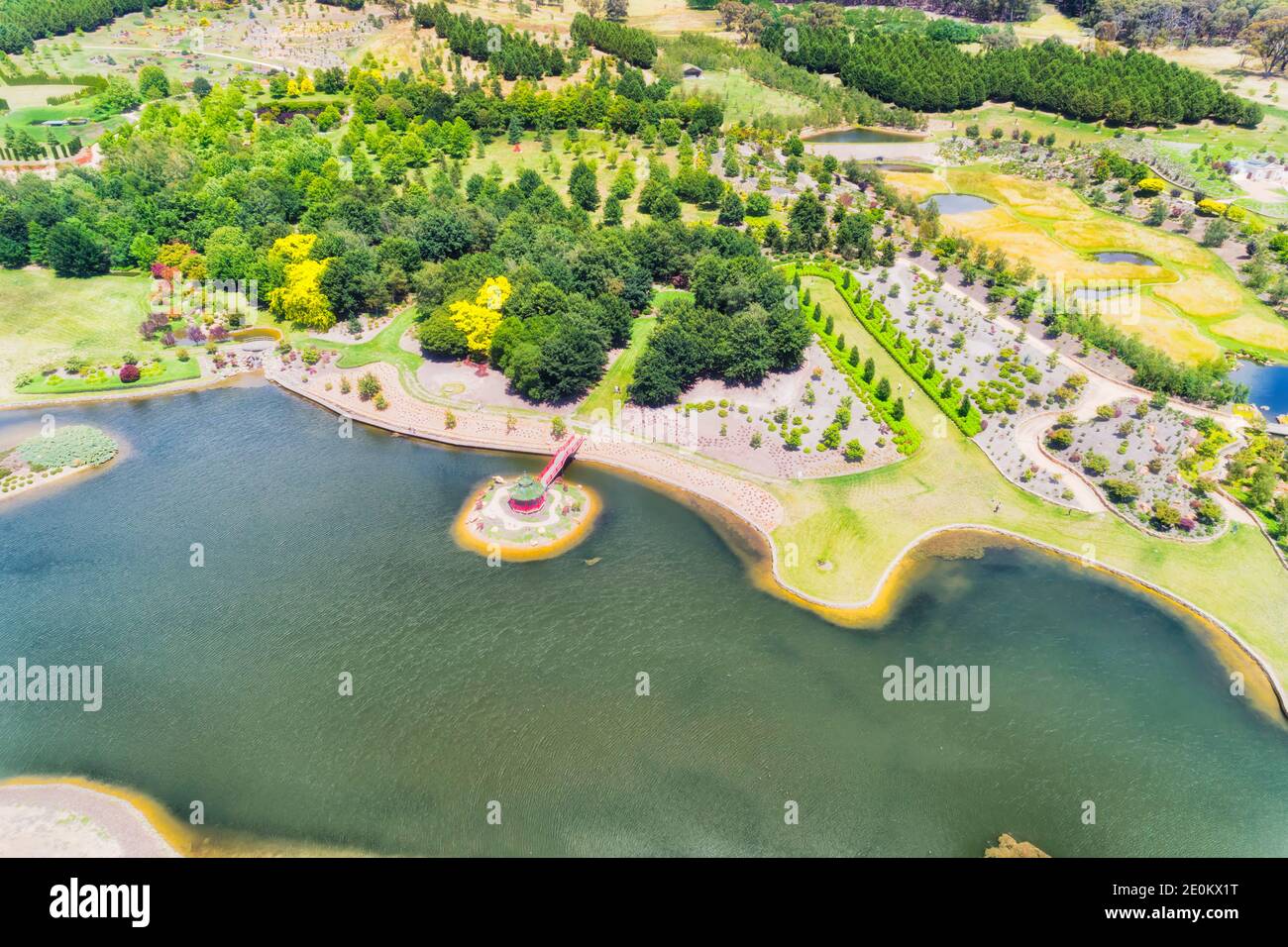 Aerial top down view over public park of Mayfield near Oberon town in Central tablelands of Australia. Stock Photo