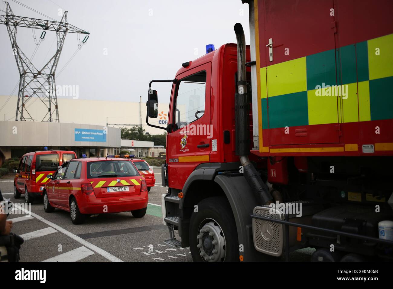 Trucks of French firefighters are parked in the surrounding walls of Fessenheim nuclear powerplant in Fessenheim, eastern France, on September 5, 2012 after chemical products leaked. Two persons were slightly burnt through their gloves, after an incident with manipulating chemical products, and not owed to fire in the France's oldest nuclear power plant. Photo by Jean-Francois Badias/ABACAPRESS.COM Stock Photo