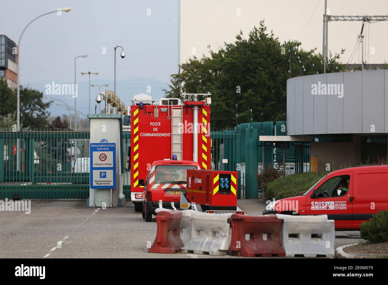 Trucks of French firefighters arrive at Fessenheim nuclear powerplant in Fessenheim, eastern France, on September 5, 2012 after chemical products leaked. Two persons were slightly burnt through their gloves, after an incident with manipulating chemical products, and not owed to fire in the France's oldest nuclear power plant. Photo by Jean-Francois Badias/ABACAPRESS.COM Stock Photo