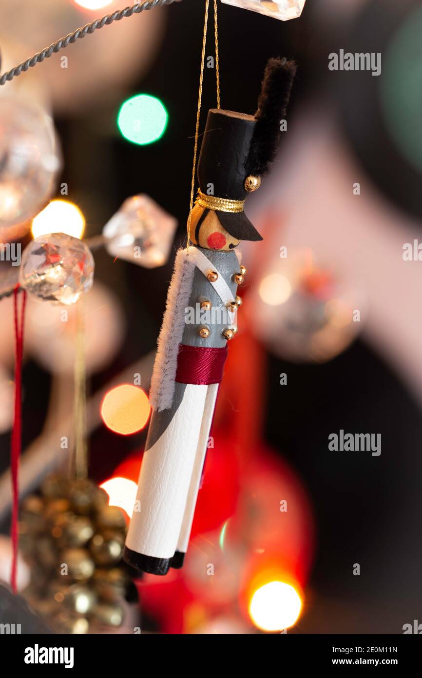 Vintage Christmas Ornaments on Modern Holiday Tree, USA Stock Photo