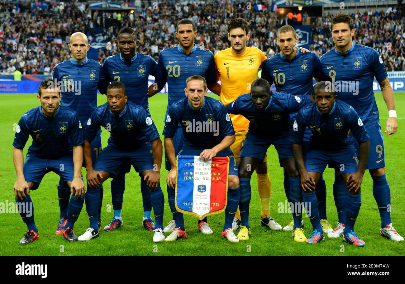 From L to R, background) French defender Christophe Jallet, French defender  Mapou Yanga-Mbiwa, French midfielder Etienne Capoue, French goalkeeper and  captain Hugo Lloris, French forward Karim Benzema, French midfielder  Olivier Giroud (foreground)