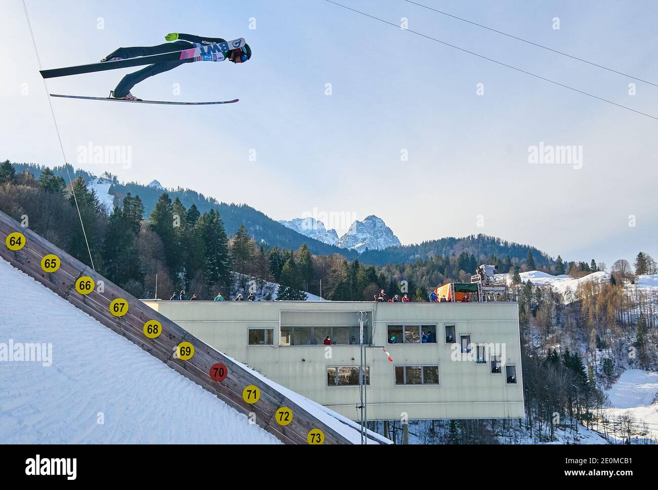 Mikhail NAZAROV, RUS in action  in front of Zugspitze mountain at the Four Hills Tournament Ski Jumping at Olympic Stadium, Grosse Olympiaschanze in Garmisch-Partenkirchen, Bavaria, Germany, January 01, 2021.  © Peter Schatz / Alamy Live News Stock Photo