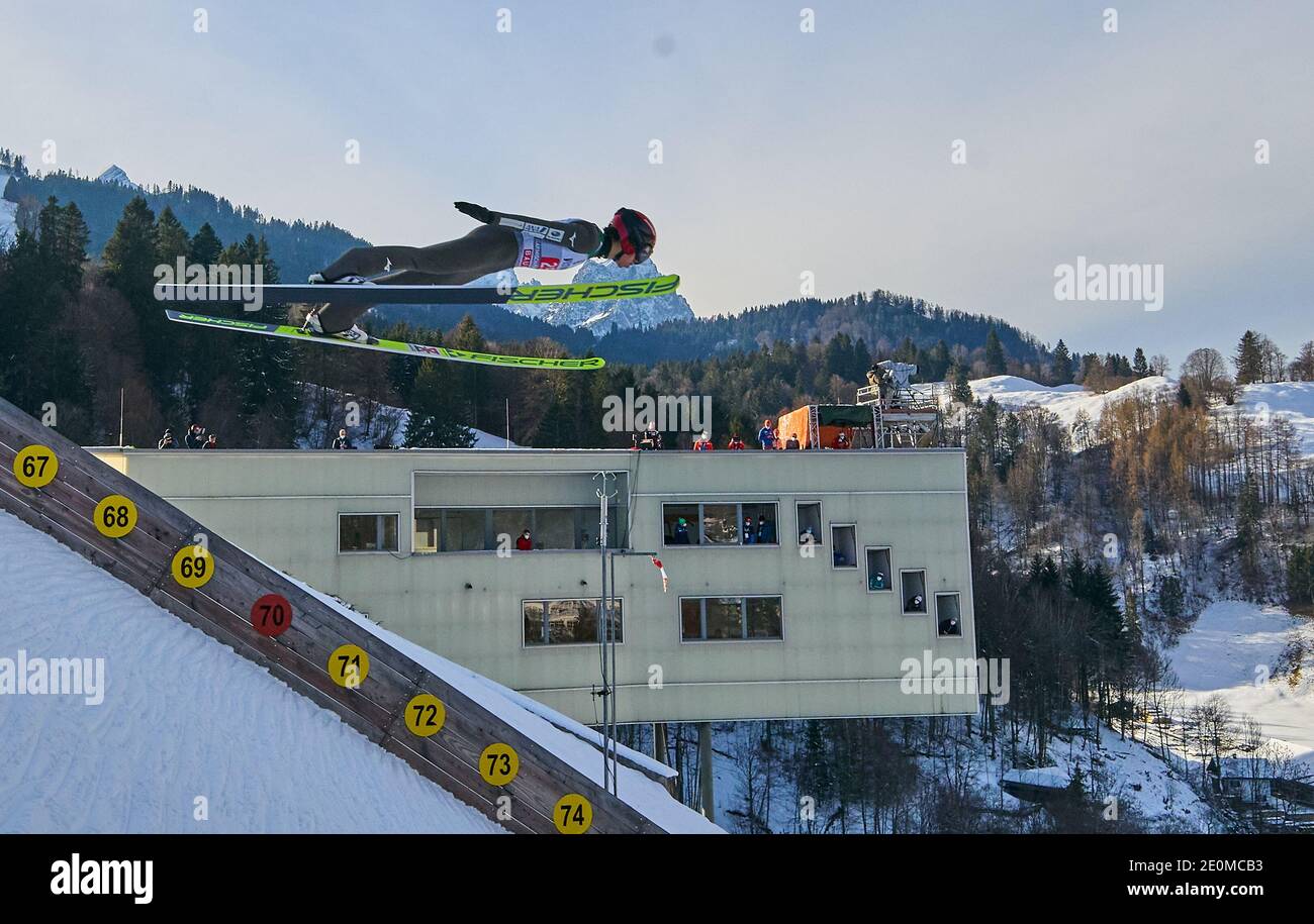 Naoki NAKAMURA, JPN in action in front of Zugspitze mountain at the Four Hills Tournament Ski Jumping at Olympic Stadium, Grosse Olympiaschanze in Garmisch-Partenkirchen, Bavaria, Germany, January 01, 2021.  © Peter Schatz / Alamy Live News Stock Photo